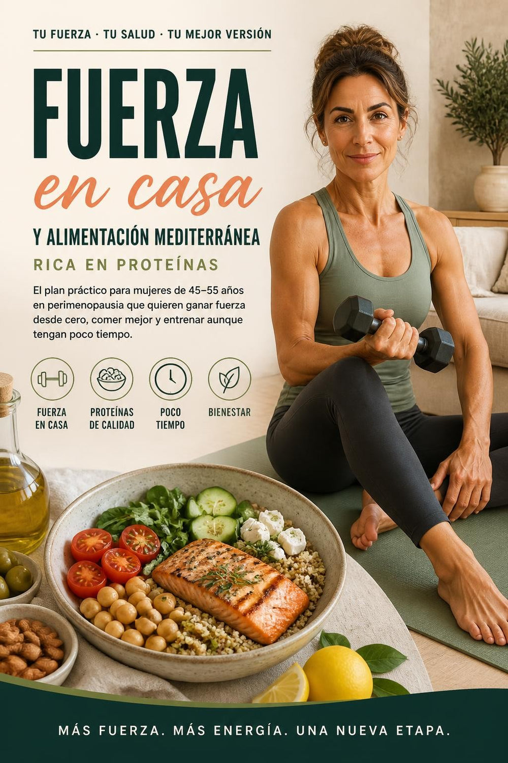 Fuerza en casa y alimentación mediterránea rica en proteínas